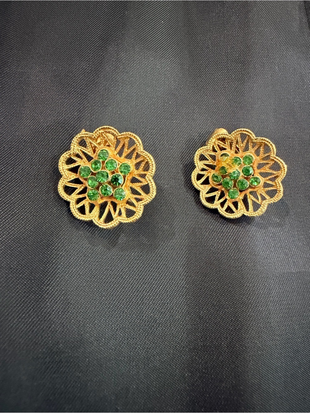 Vintage Gold Filigree Clip-On Earrings with Green Rhinestones